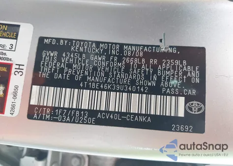 2009 Toyota Camry Le z USA, uszkodzony, nr VIN 4T1BE46K39U340142